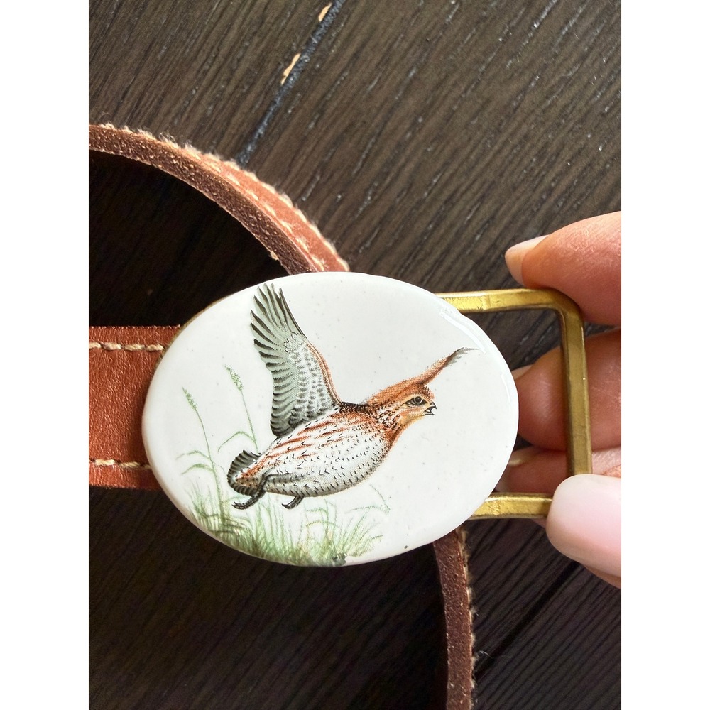 Lauren Ralph Lauren Brown Leather Belt with Ceramic Bird Buckle